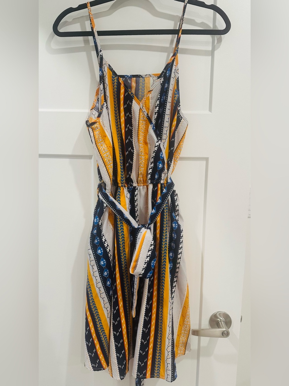 Striped Sleeveless Belted Dress in Mustard, Navy & White